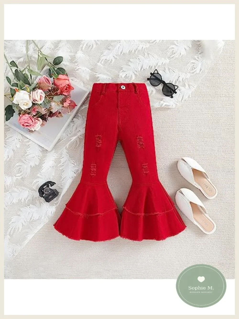 Toddler Girls Ruffle Ripped Flare Jeans Bell Bottom Denim Leggings Casual Pants